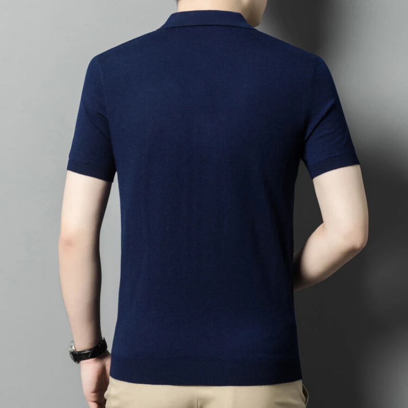 Wool Blend Solid Color Short-sleeve High-quality Men's Stretchy Polo Shirt, Suitable for Daily Commuting, Business, and Leisure