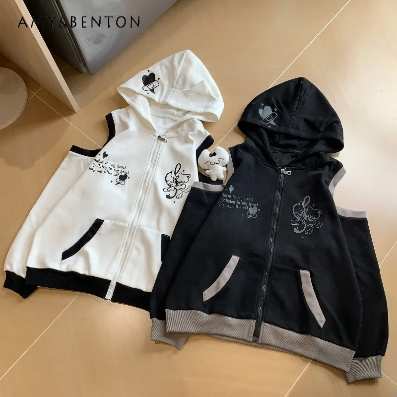 

Japanese Style Anime Print Off-Shoulder Long Sleeve Goth Hoodies Women Sweet Cool Harajuku Style Patchwork Loose Zip Up Hoodie