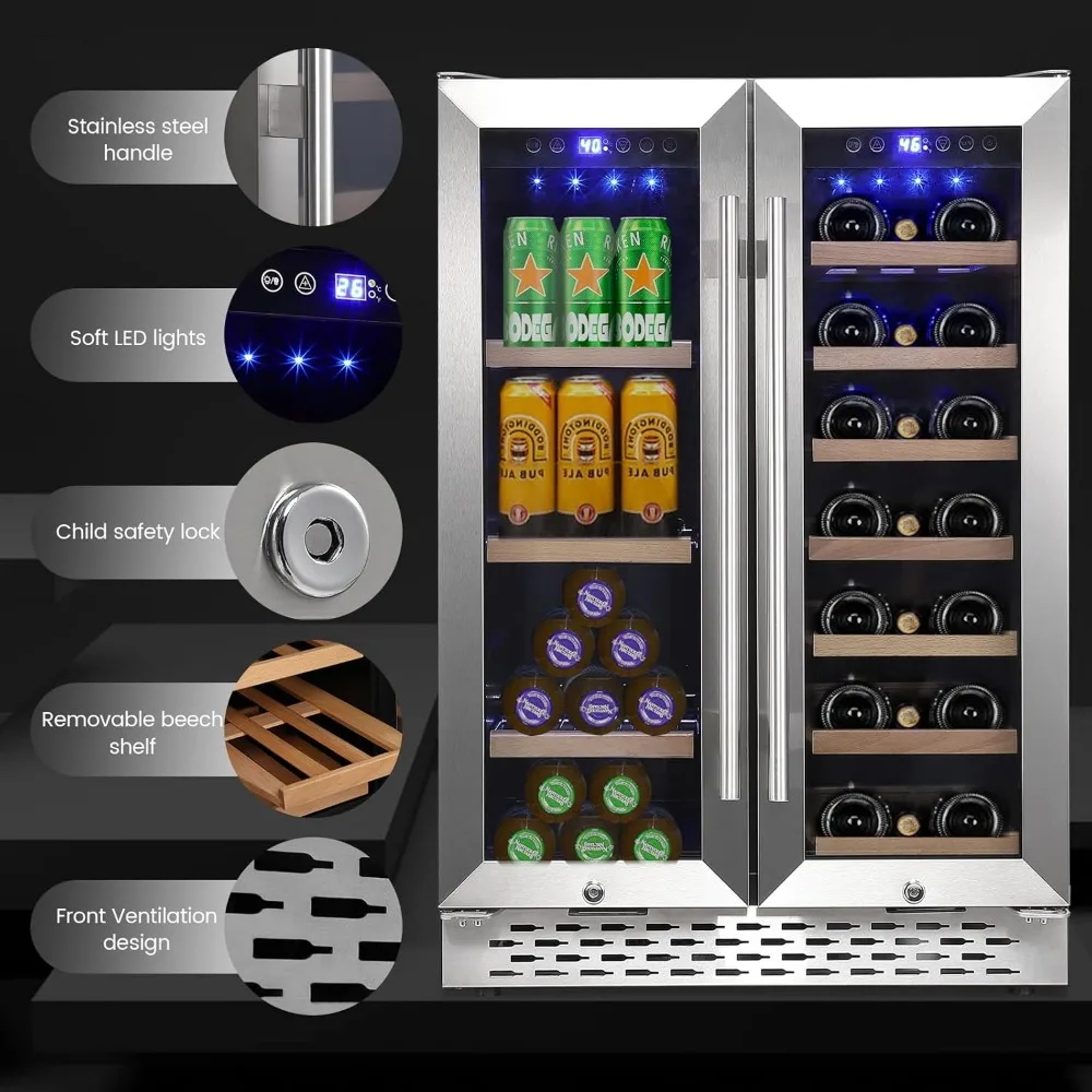 24 Inch Wine Cabinet with Quiet Compressor, Blue LED, 55 Cans and 20 Bottles Large Dual Zone Cooler, Large Dual Zone Bar Cabinet