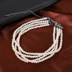 Multi Layer White Imitation Pearl Necklace Bridal Women Simple Handmade Strand Bead Necklace Party Jewelry