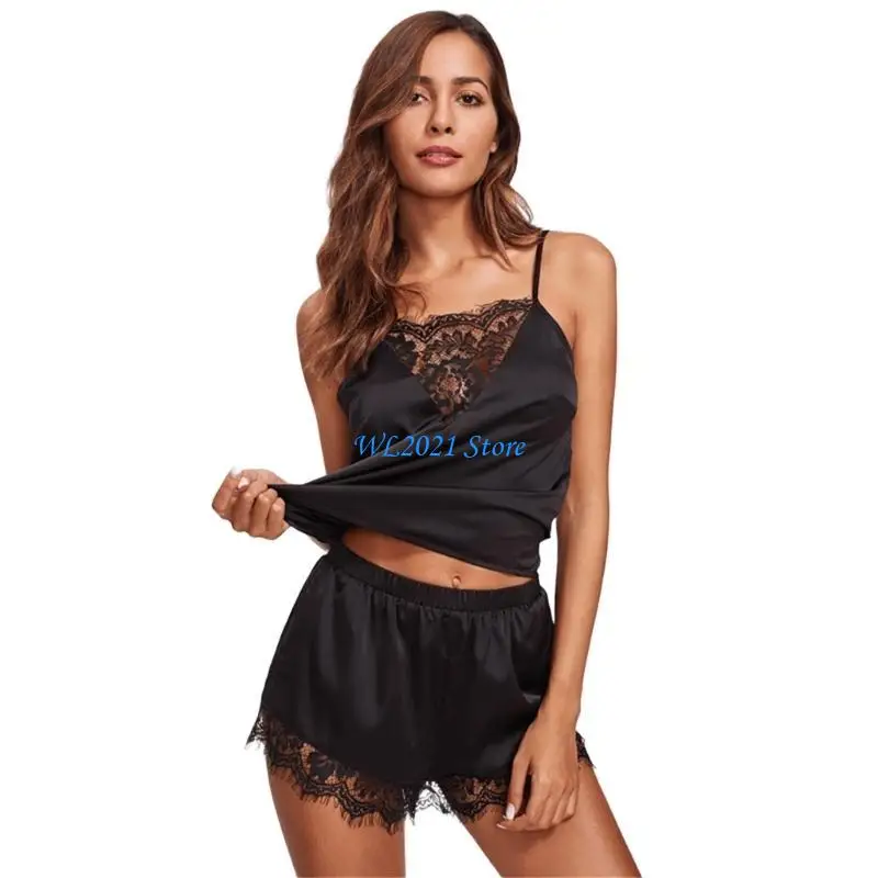

G5GC Women Pajamas Set Lace Trim Short PJ Set V Neck Sleeveless Sleepwear
