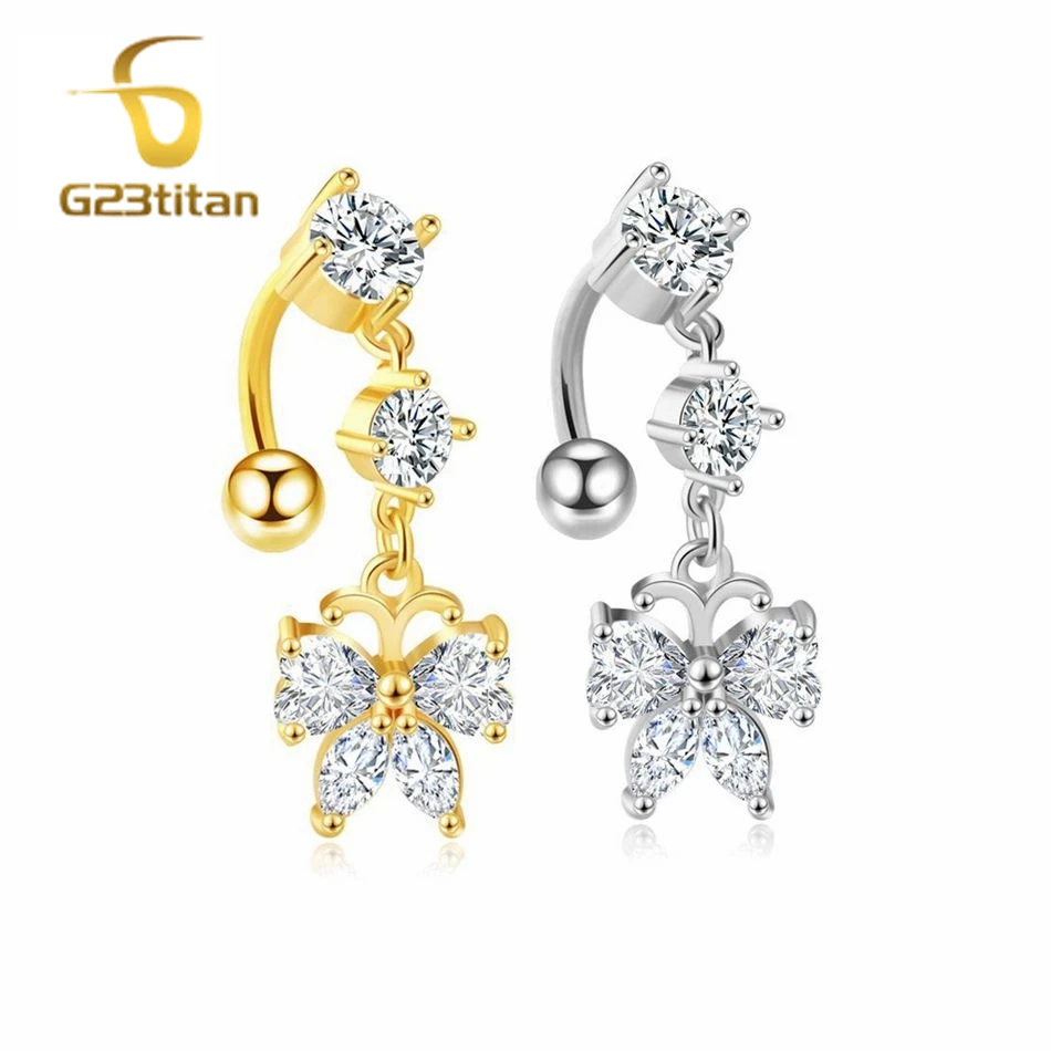 G23Titan 2 Side Zircon Navel Ring 14G Stainless Steel or Titanium Barbell Body Piercing Sexy Jewelry Belly Button Ring For Women