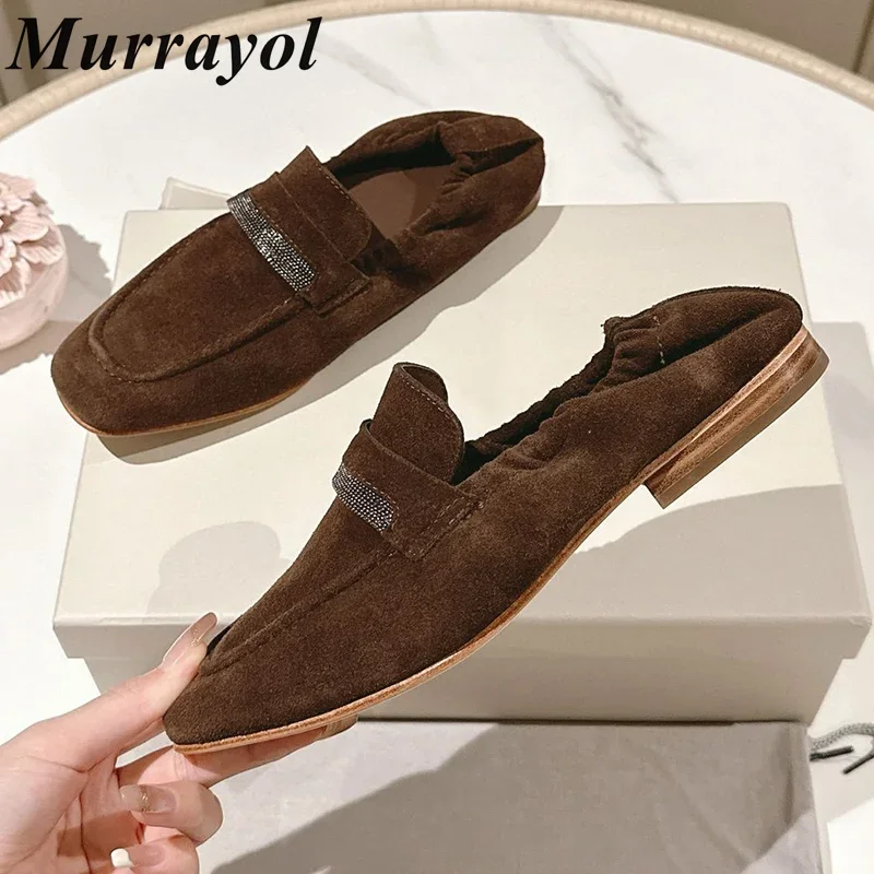 Round Toe Cow Suede Lazy Loafers Women's String Bead Decor Retro Flat Shoes Spring Autumn Wrinkle Design Comfort Walking Shoe