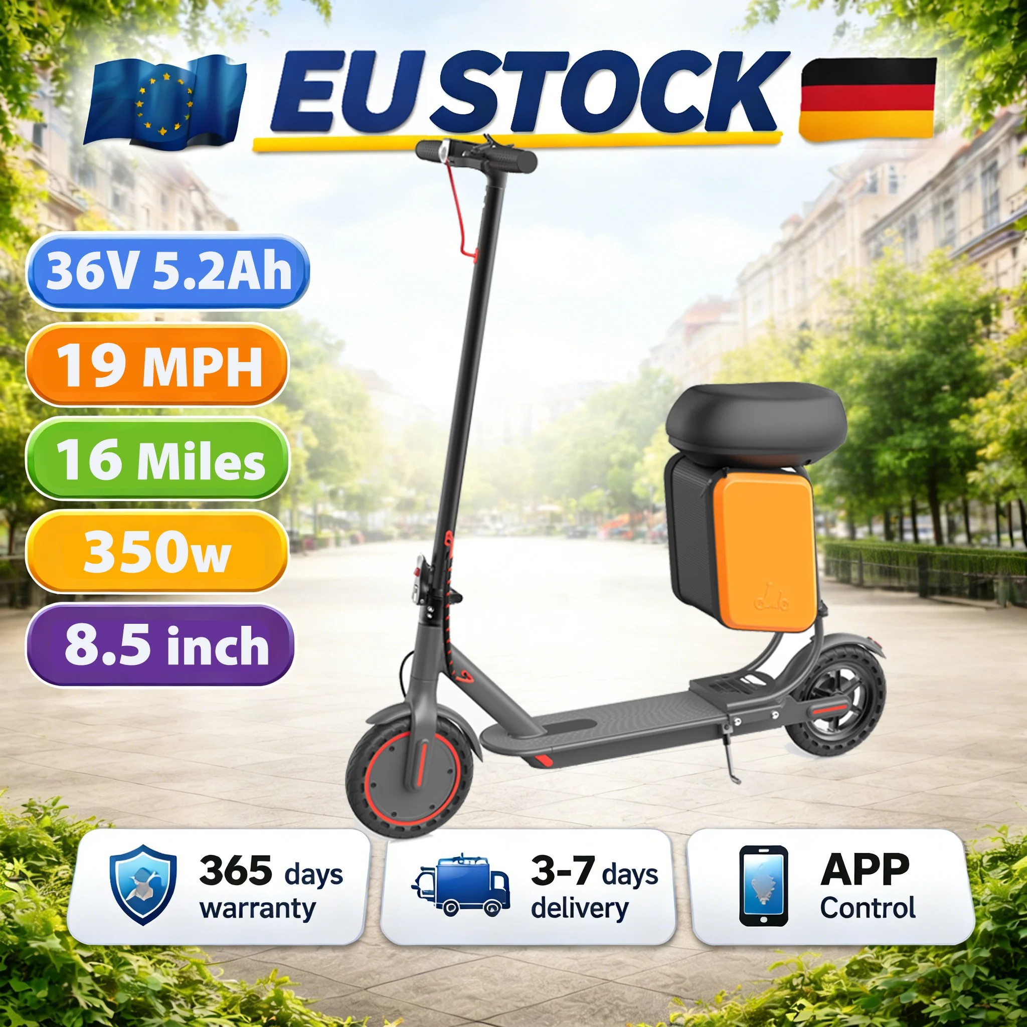 Trottinette Électrique Pliable pour Adultes avec Siège et Sac de Rangement, Stock UE, 350W 36V 5.2Ah, 30 km/h, Autonomie 16 Miles, Contrôle par APP, Trottinette Électrique pour Trajets Quotidien