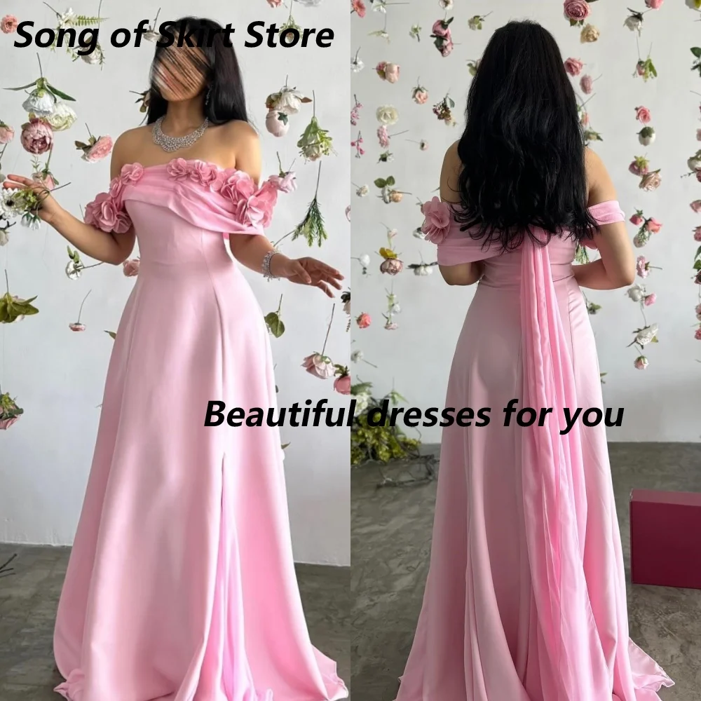 

Customized Off The Shoulder Prom Dresses Elegant Pink Pleat Handmade Flower Party Dresses A-line Floor-Length Prom Dress