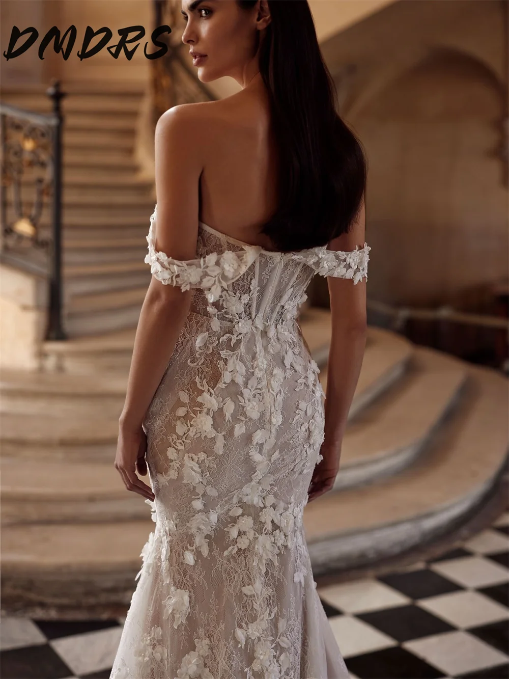 Abito da sposa sexy in pizzo 3D 2025 Abito da sposa senza spalline brillante Abito formale solene lungo fino al pavimento per abito personalizzato