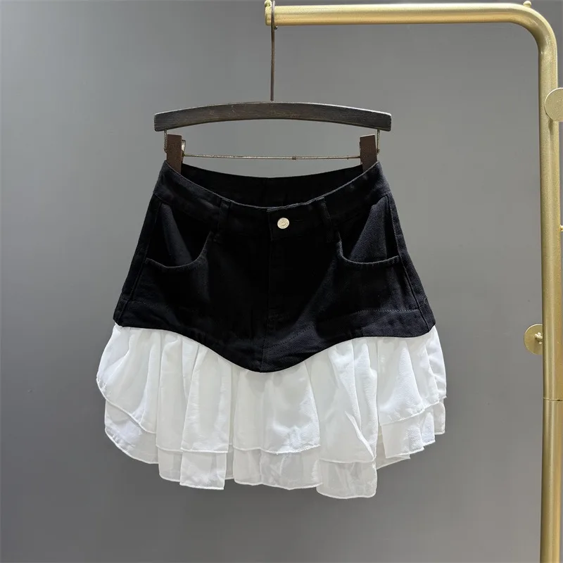 A Stylish Black Ruffled Denim Skirt for Women To Look Slimmer in Summer. A Hot A-line Cake Skirt and Short Fashionable Commuting