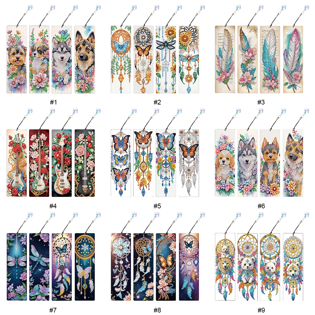 4Pcs Special Shape Flower Puppy Diamond Bookmark Art Projects 5D DIY Diamond Painting Bookmark Diamond Art Bookmark with Pendant