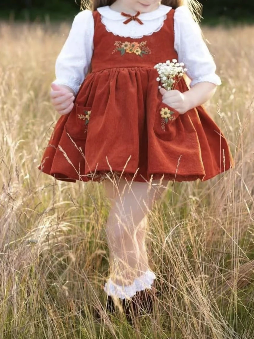

0-12Y Baby Girl Autumn Pumpkin Embroidery Vintage Princess Orange Dress for Birthday Photography Holiday Eid C223