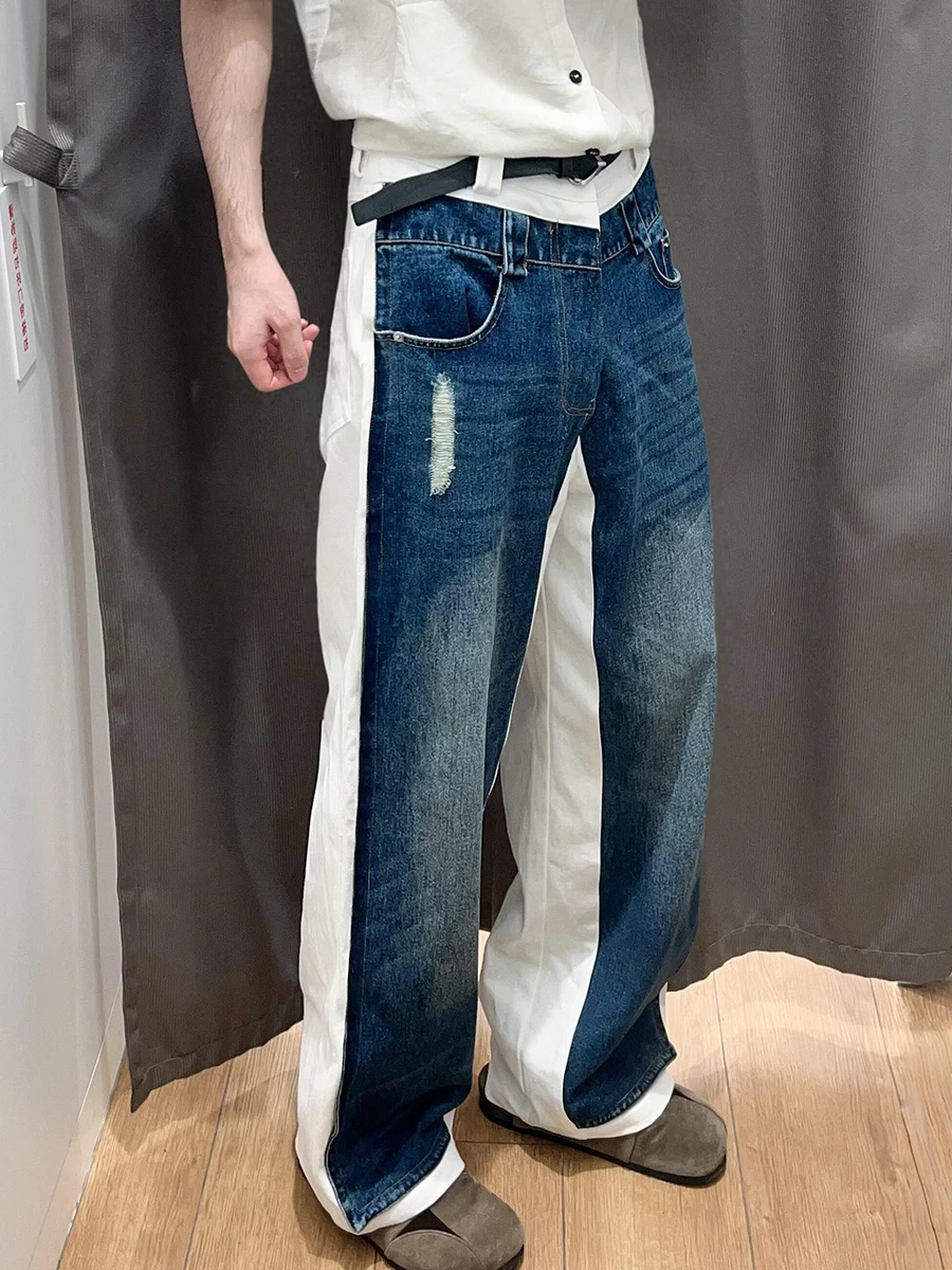 ReddaChic Color Block Patchwork Men's Jeans Do Old Whiskers Destroyed Low Waist Wide Leg Casual Pants Vintage Y2k Streetwear