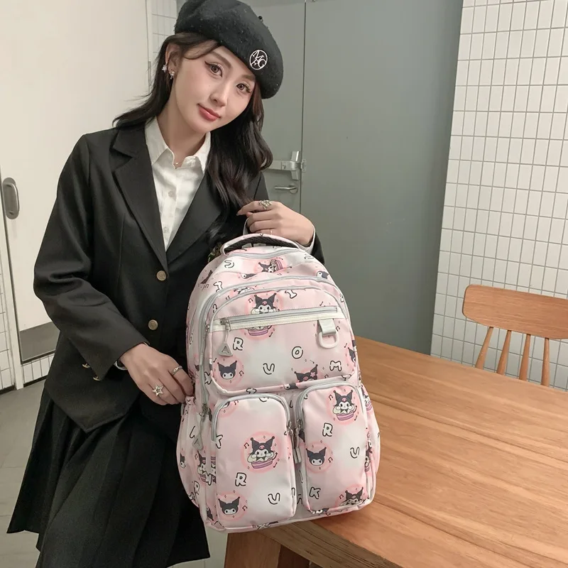 Sanrio Kuromi Simple Cute Fashion Student and Child Large Capacity Stress Relief Travel Bag Anime Nylon Canvas School Bags Woman