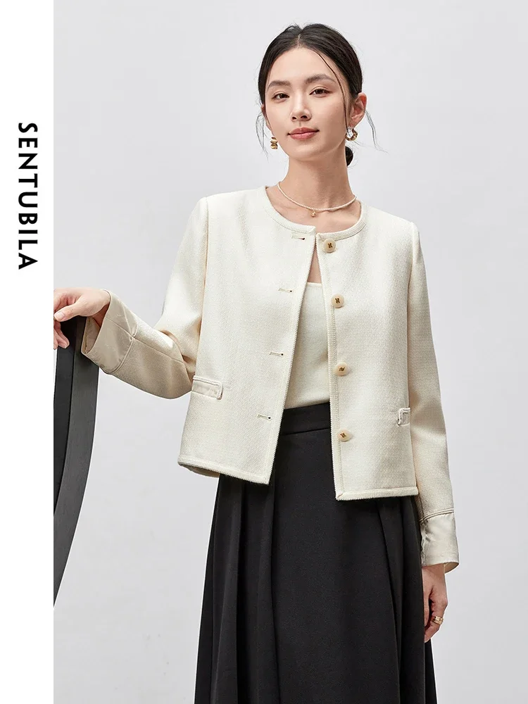 

SENTUBILA Elegant Jackets for Women 2025 Spring Autumn Chinese Fashion Round Neck Short Coats Ladies outerwears Woman 143W55795