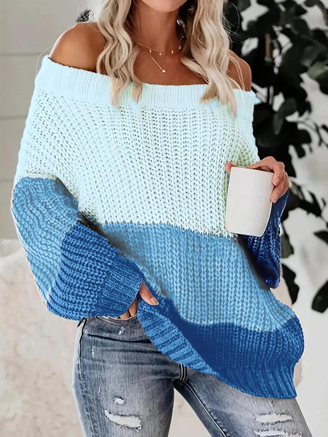 Color contrast bat sleeve pullover sweater, line neck off-the-shoulder patchwork color contrast loose knit pullover sweater