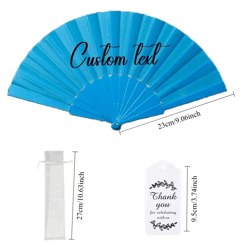 10 Sets/30 Sets/50 Sets/70 Sets Personalized Custom Trendy Blue Folding Fans (Fan + Card + Gift Bag), Portable for Summer, Magical Photo-Taking Atmosphere, Printed Wedding Hand Fans, Fabric Fans with Plastic Ribs, Part