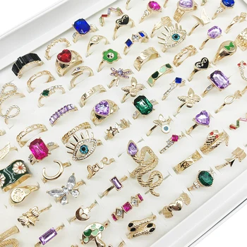 50/100pcs/Lot Wholesale Gold Color Purple Crystal SnakeAnimal Finger Rings for Women Hot Green Enamel Flower Red Heart Jewelry