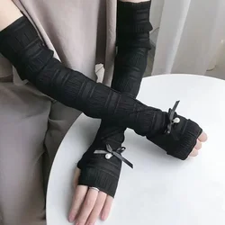 Elegant Women Bow Pearl Thin Long Gloves Summer Driving Cycling Sexy Sunscreen Anti-UV Elastic Mittens Sun Block Arm Warmers New