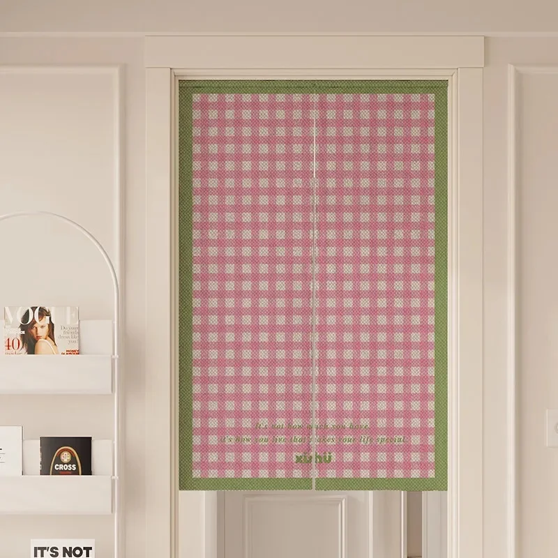 VIKAMA Yellow Gingham Noren Door Curtain Sweet Plaid Checkered With Border & Text Print Fabric Room Partition Decor