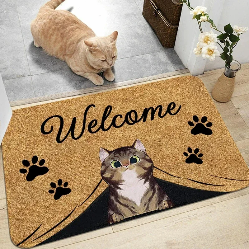 1Pc Cat & Letter Graphic Anti-slip Door Mat Non-slip Floor Rug Bath Mats Washable Carpet For Home Hallway Living Room Kitchen