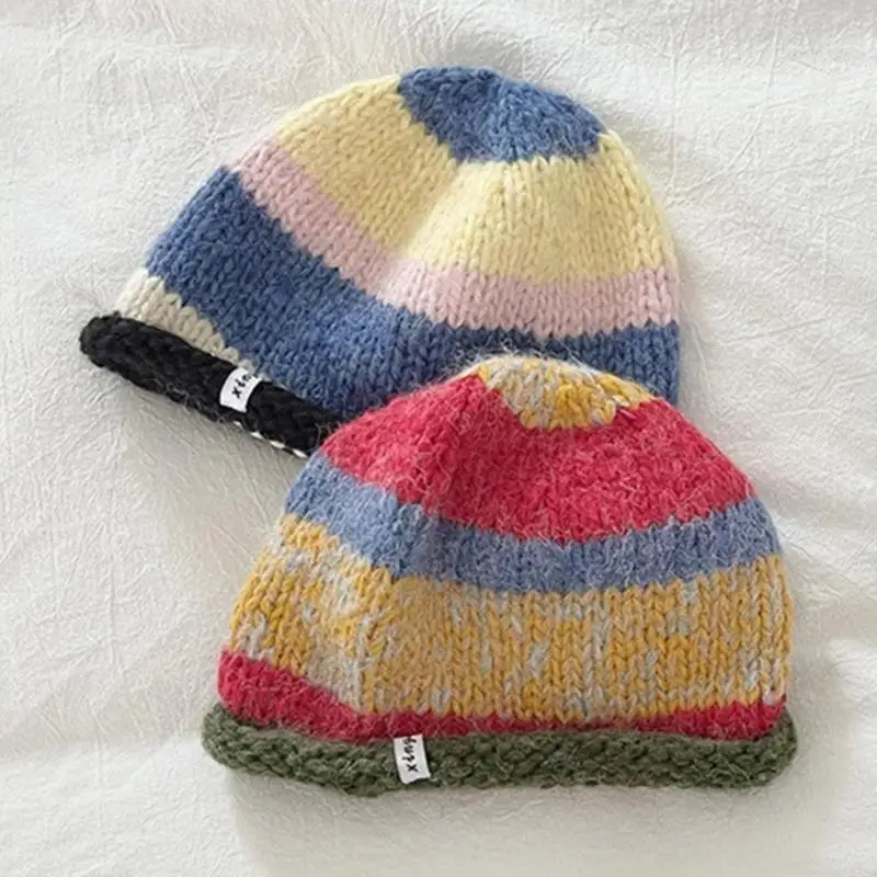 Handmade Knit Striped Bucket Hat for Woman Weaving Floppy Rolled Brim Bucket Hat Adult Teens Winter Fisherman Cap 6XDA 2