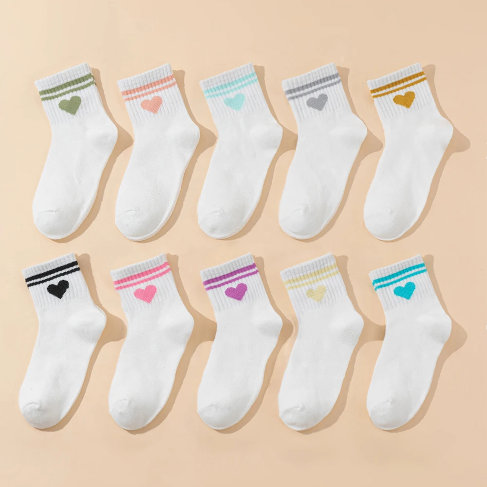 10 Pairs Kids Socks Heart Pattern Bar White Basic Sports Versatile Children's Footwear, Girls' School Socks view 2