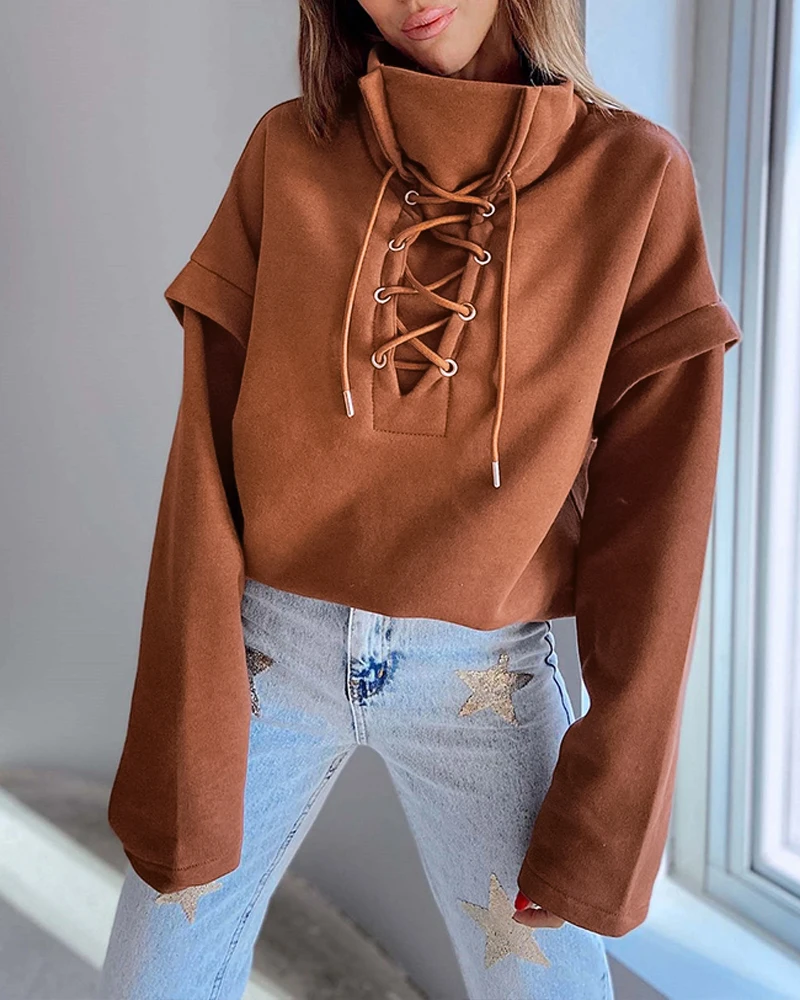 

High Neck Lace Up Faux Two Pieces Sweatshirt Casual Long Sleeve Active Top