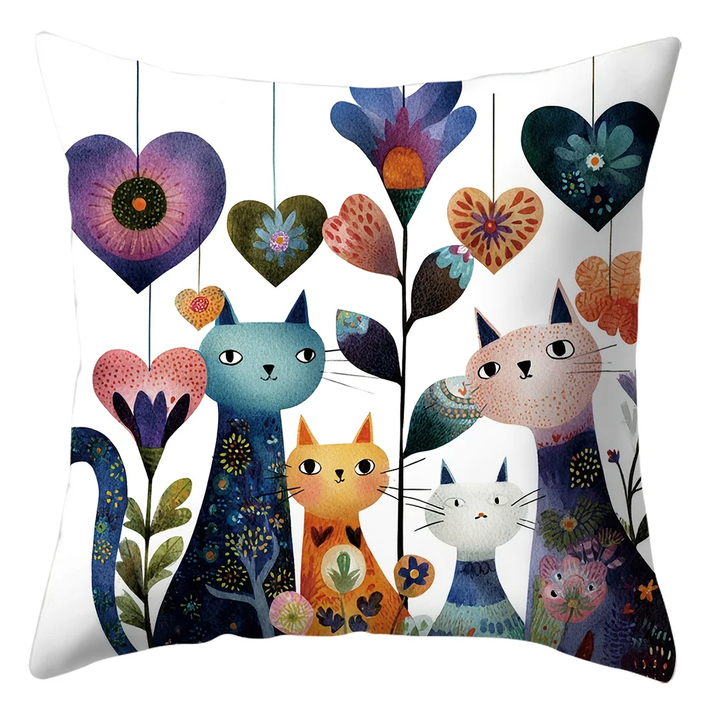 1pc Watercolor Cat and Heart Flower Throw Pillow Covers, Boho Cute Pet Square Cushion Cases For Home Sofa Bedroom Decor