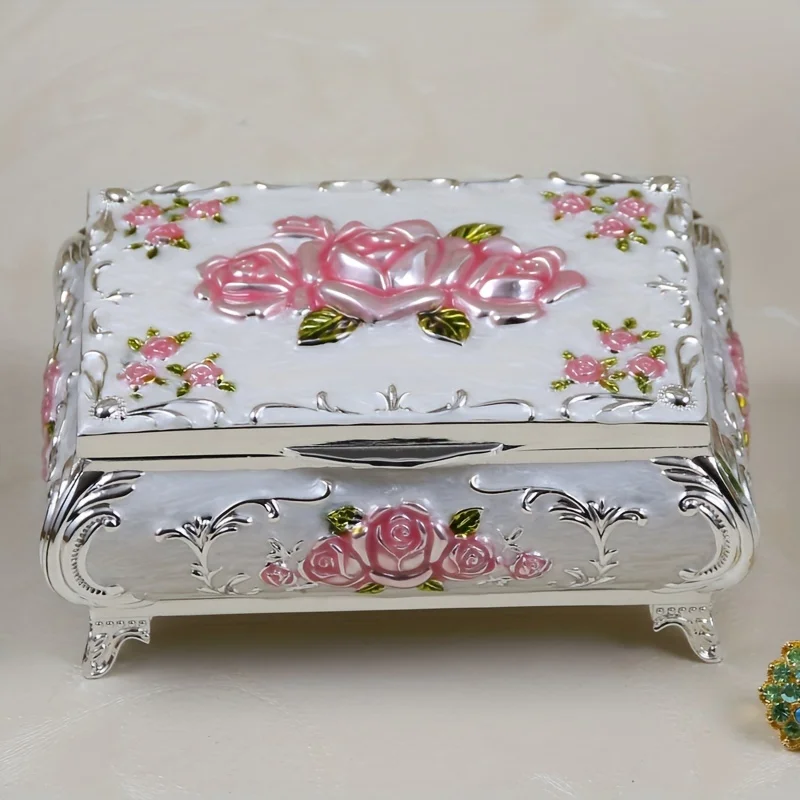 1pc Metal Craft Rose Jewelry Box, Creative Girl Jewelry Box, Wedding Birthday Gift Box G377
