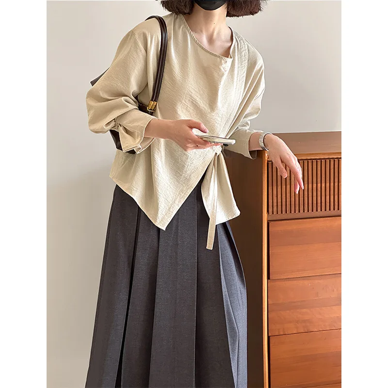 Camicia a maniche lunghe da donna primavera autunno, girocollo in vita in stile coreano, top da donna dimagrante con coulisse, abiti casual