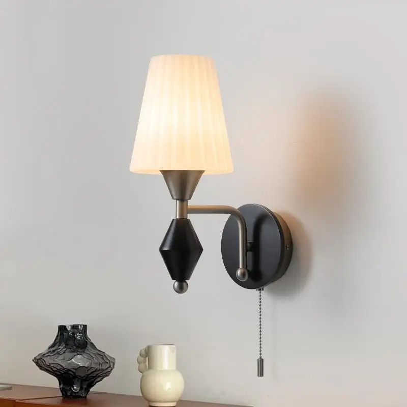American Wooden Base Carbon Steel Arm LED Wall Lamps White Glass Lampshade Living Room Bedroom Restaurant Corridor Sconces Light