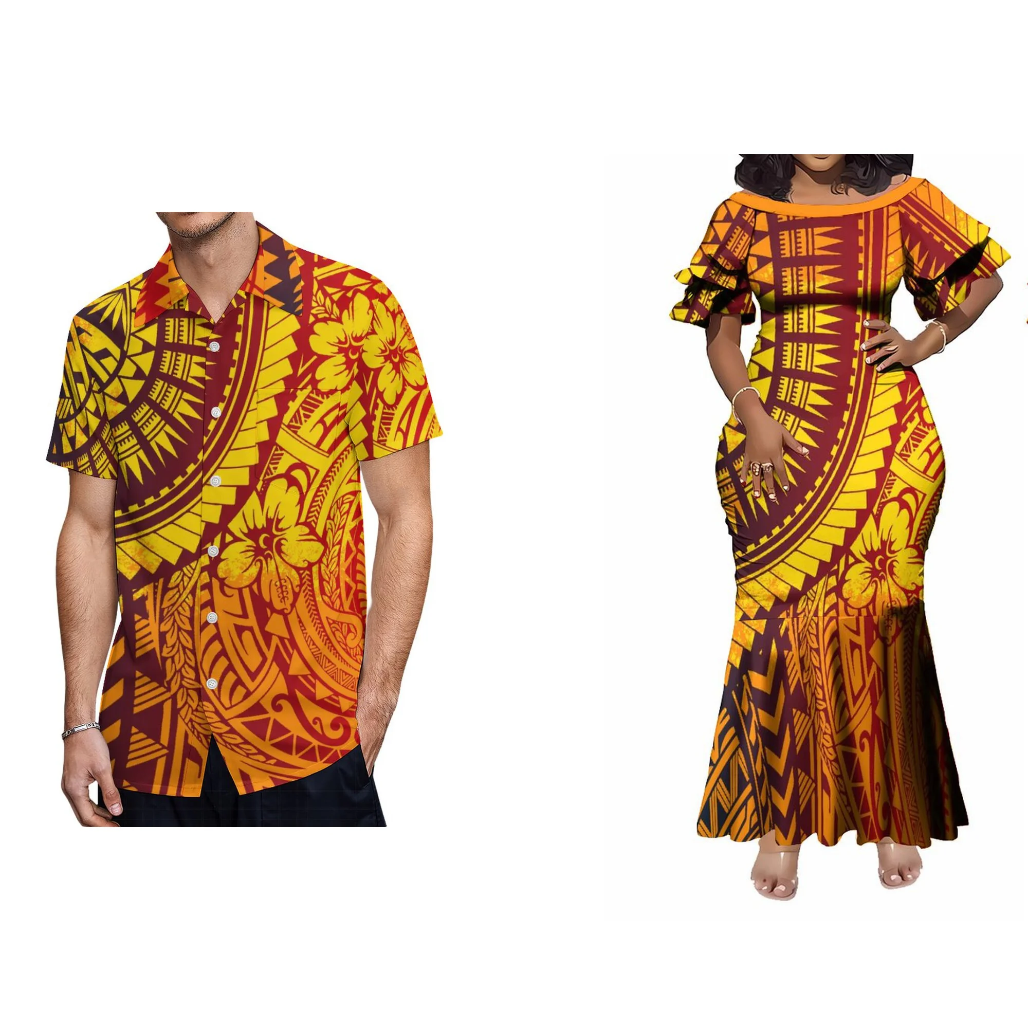 New Design Customized Polynesian Tribal Double Layered Ruffle Sleeve Fishtail Party Dress Plus Size Women Elegant Mermaid Dress