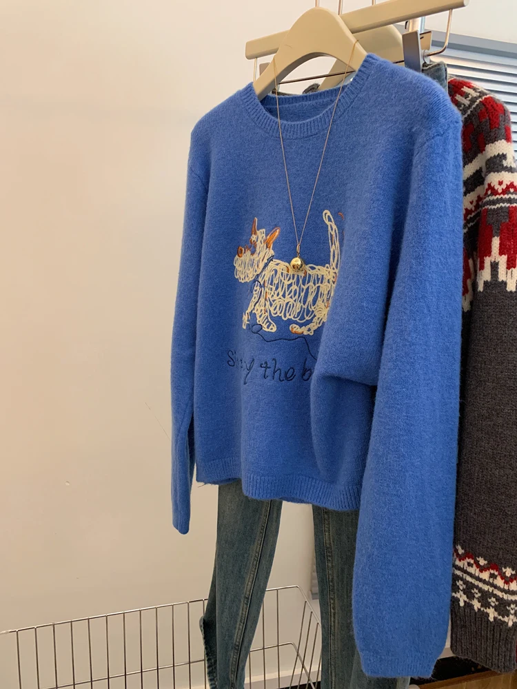 Women's Klein Blue Puppy Embroidery Sweater Petite Cropped Oversized Knit Top Fall Winter Embroidered Pullover Sweater
