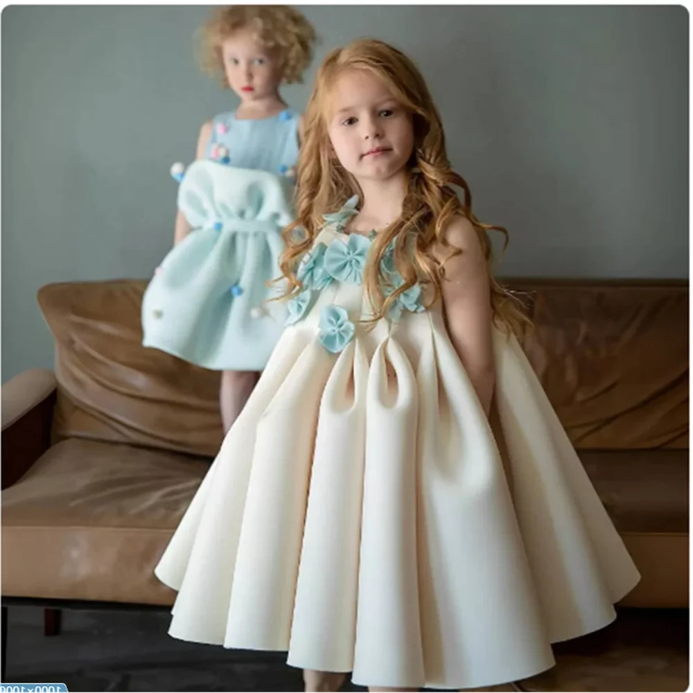 

Flower Girl Dress Luxury Beige Handmade Flowers Baby Kids Princess Birthday Wedding Party Communion Ball Gown