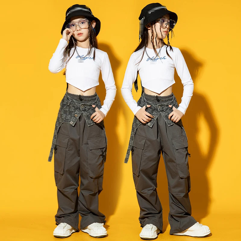 Outfit Kids Hip Hop Clothing Rave Wear New Modern Jazz Dance Costume Girls Crop Tops Loose Cargo Pants Long Sleeves Kpop