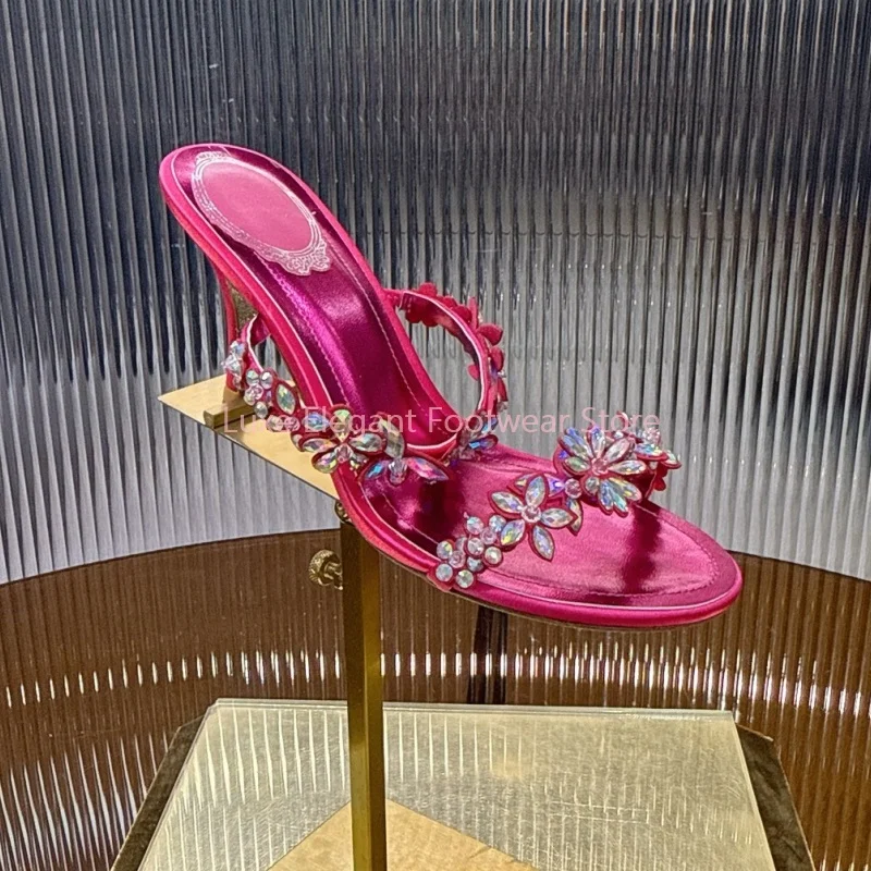 

Pink Crystal Flower Snake Twine Slingback Slippers Women Bling Rhinestone Open Toe Thin High Heels Sweet Party Dress Sandals New