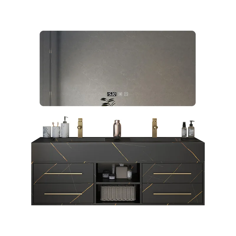 

Luxury Bathroom Cabinet Rock Slab Wall-mounted Smart Mirror Washbasin Cabinet Combination Vanity Set Stone Top Wall Mounted