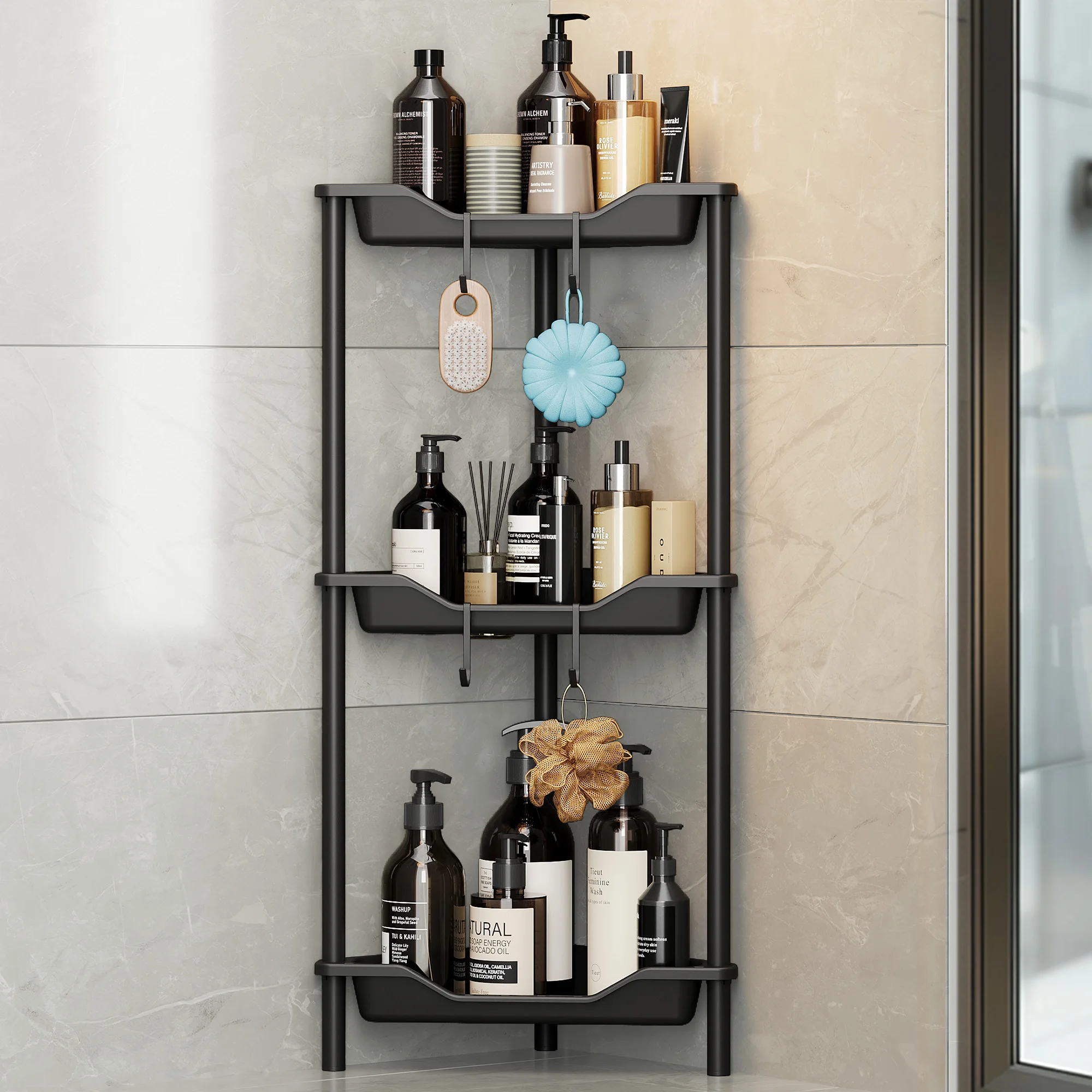 3/4-Tier Corner Shelf Unit - Spacious Storage with Practical Hooks   Floor-standing Corner Shelf,Storage Rack With Hooks