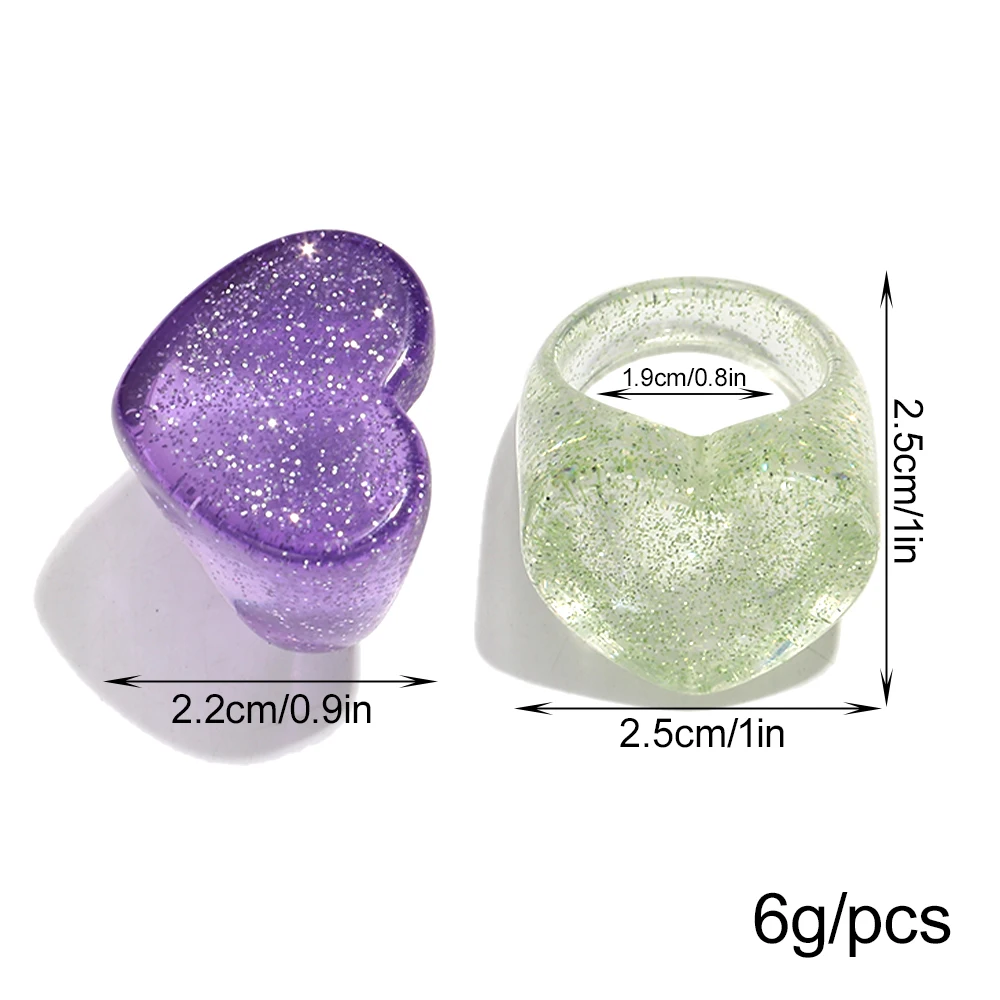 Cute Glitter Candy Colorful Heart Rings for Women Sweet Resin Geometric Transparent Ring Party Beach Jewelry