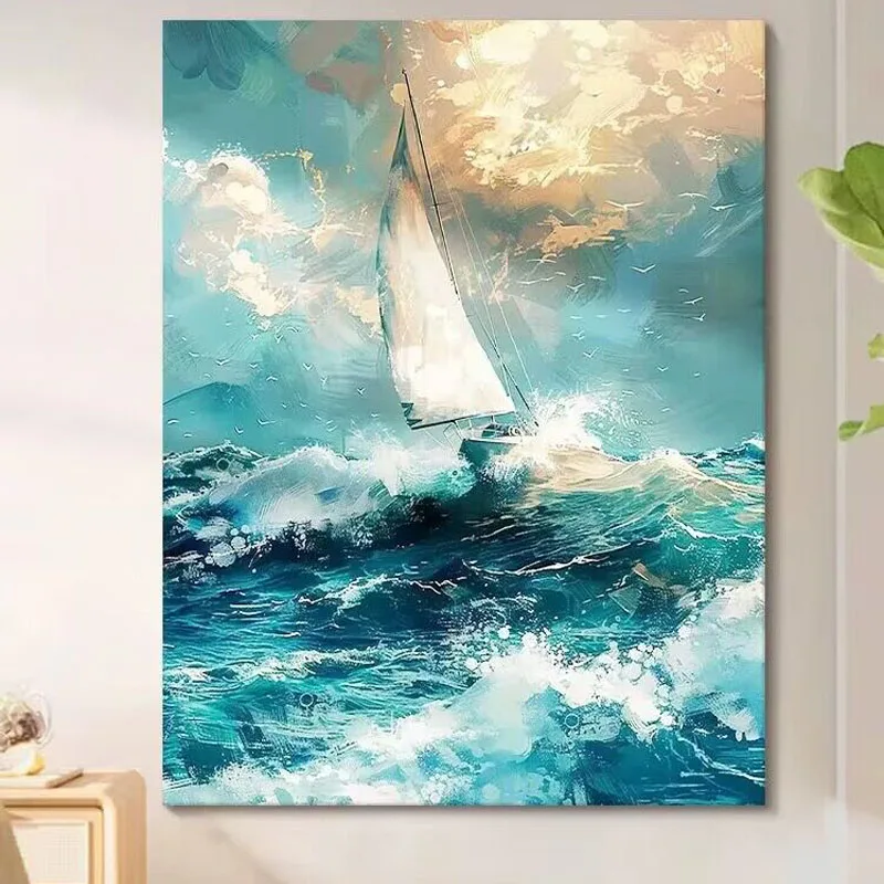 Blue Ocean Sailboat Pure Hand Drawn Oil Painting Living Room Decoration Painting Corridor Mural Sofa Room Background Wall Hangin