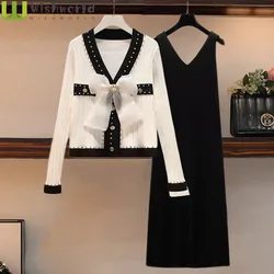 Large Size Fashion Suit Women's 2022 Spring and Autumn Korean Version New Bow Sweater Vest Skirt Two-piece Women's Skirt Suit