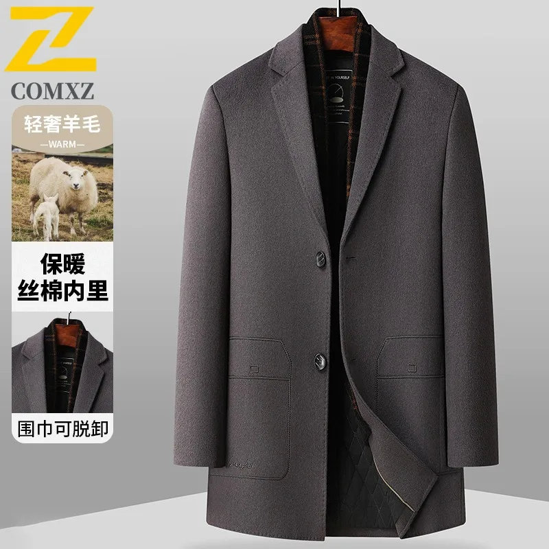 

COMXZ Autumn Winter Business Casual Padded Thick Wool Coat Men Long Warm Wool waterproof and windproof lightweight windbreaker