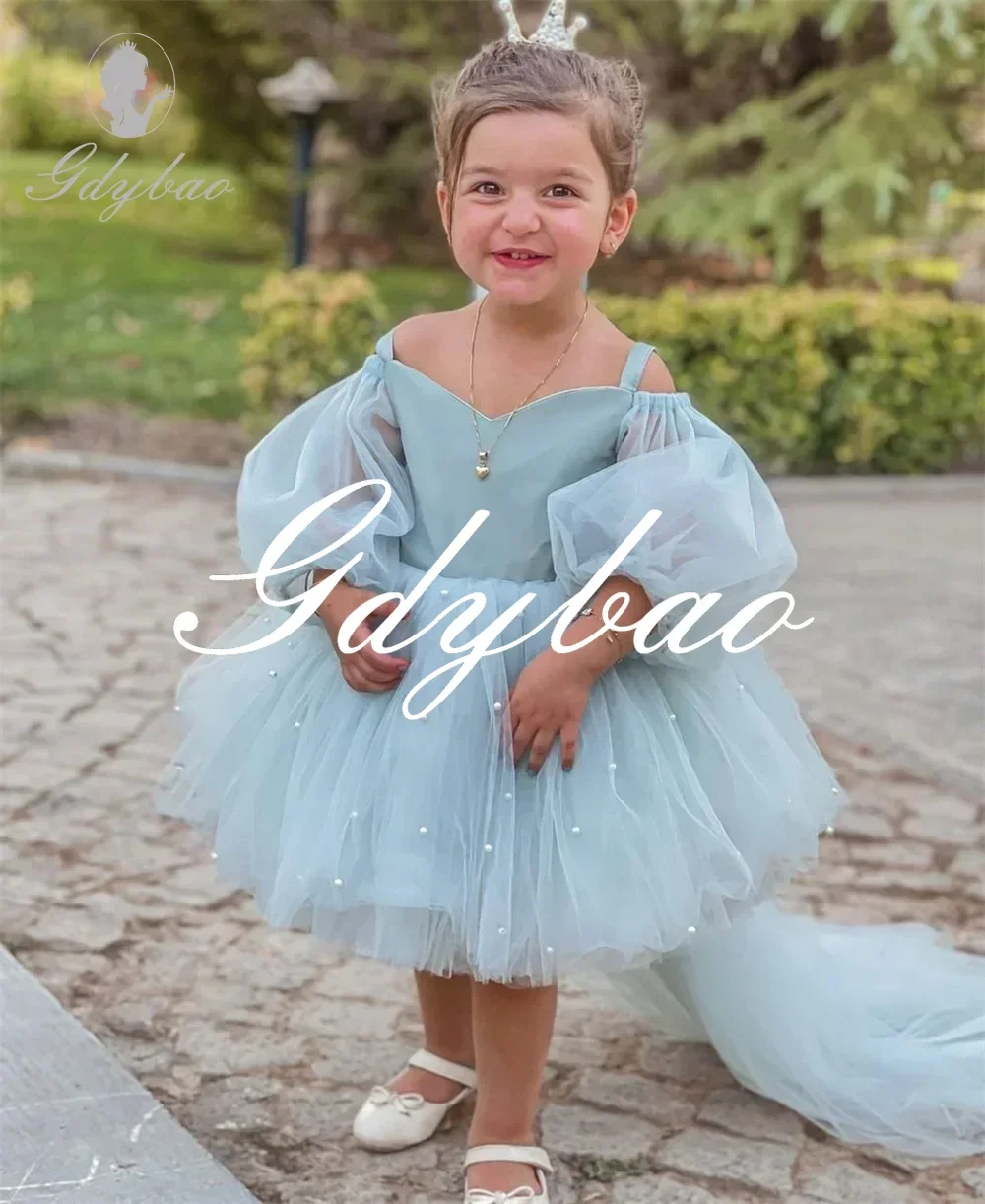 Off The Shoulder Long Puff Sleeve Princess Formal Wedding Party Flower Girl Dress Knee Length Sweep Train First Communion Gown
