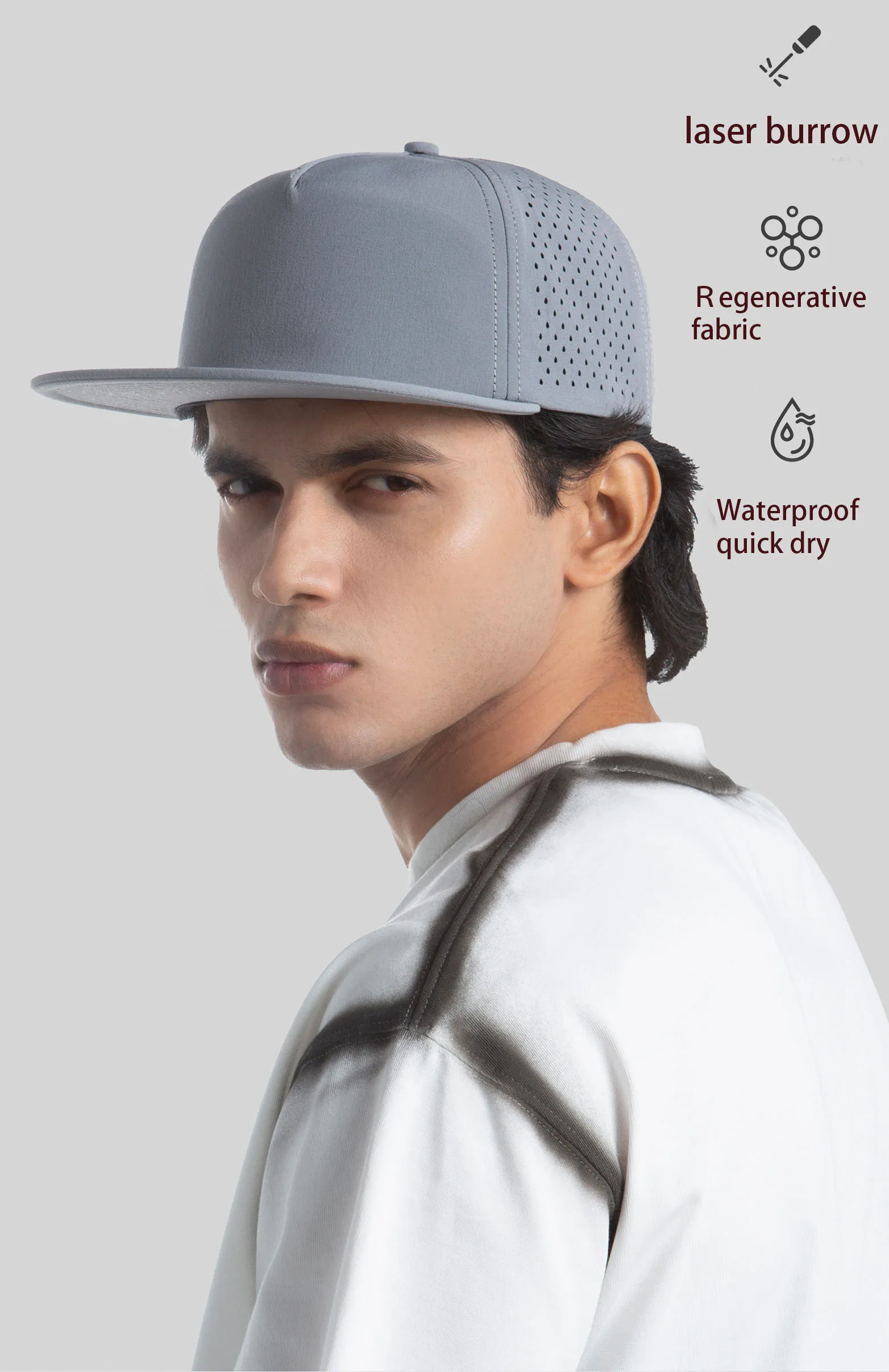 Laser Punched Flat Brim Sports Hat With Recycled Fabric And Rope Decoration Flat Tongue Hat