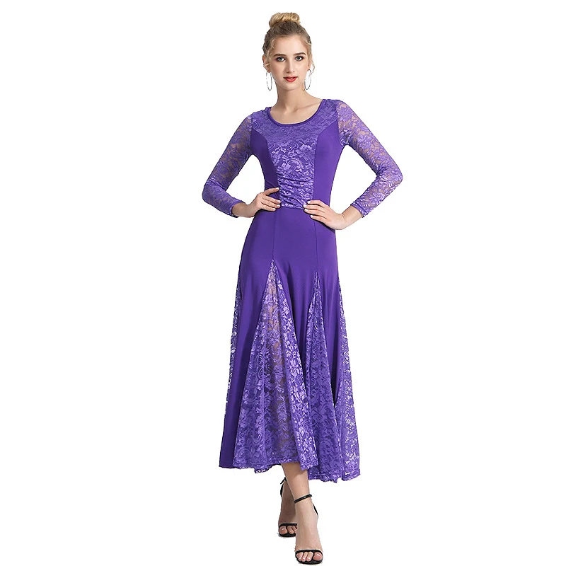 New Long Lace Sleeve Modern Waltz Competition Dress | Ballroom Dance Gown for Women 5 Colors Plus Size 3XL High Quality