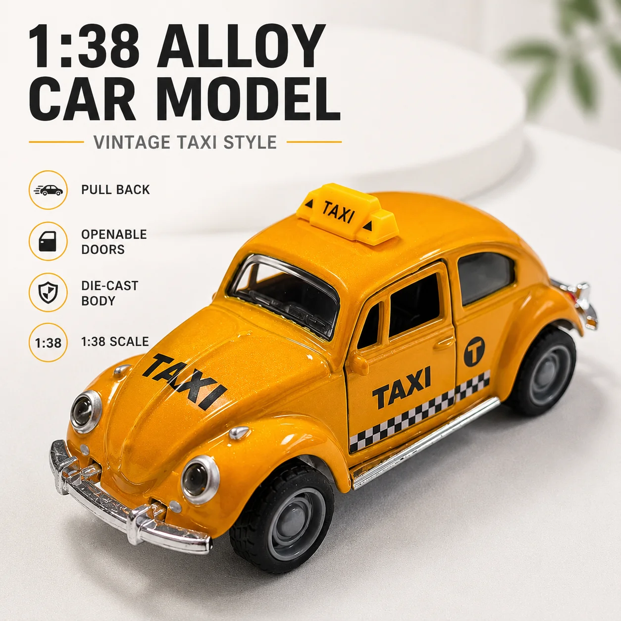 (Corrugated Box) Vintage Bug Style Taxi Toy Car, Powerful Spring, Metal Casting, the Best Gift.