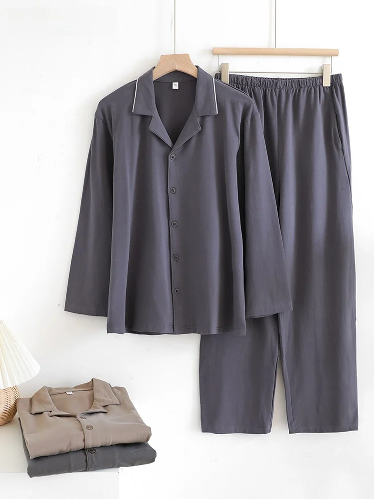 

Japanese Sle Simple Cotton Pajamas Men's Spring Autumn Long Sve Loose Home Clothes Set Large Size Comfortable Spwear