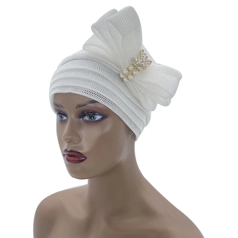 2022 New Designer Mesh Turban Cap  Already Made African Headtie Muslim Hat Head Wraps Ladies Party Headpiece Nigeria Auto Geles