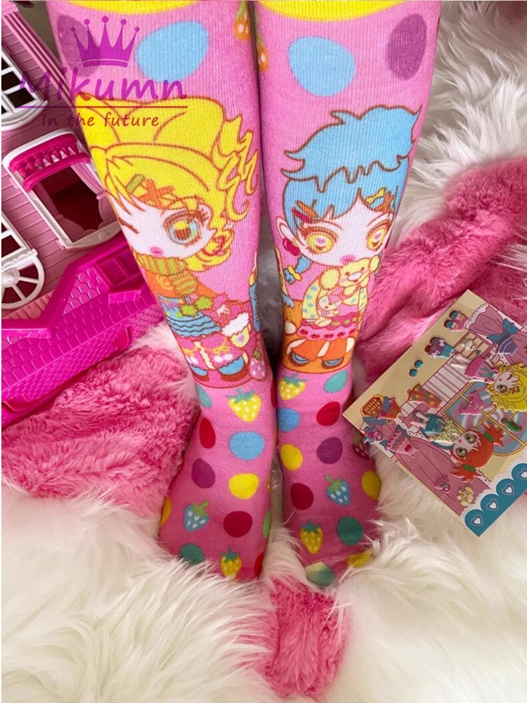 Mikumn Original Design Harajuku Pink Cartoon Girl Print Knitted Long Socks Japanese Y2k Kawaii Women Socks