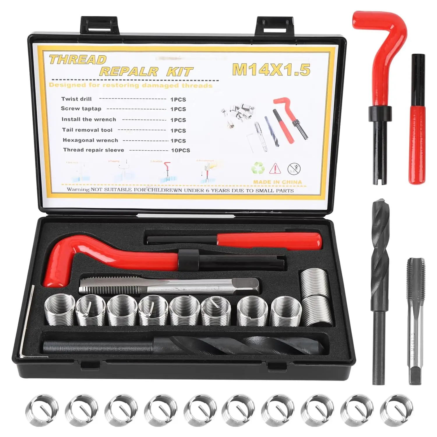 

15Pcs M14x1.5 Thread Repair Kit Stainless Steel Twisted Drill Wrench Threaded Insert Tap Insertion Tool
