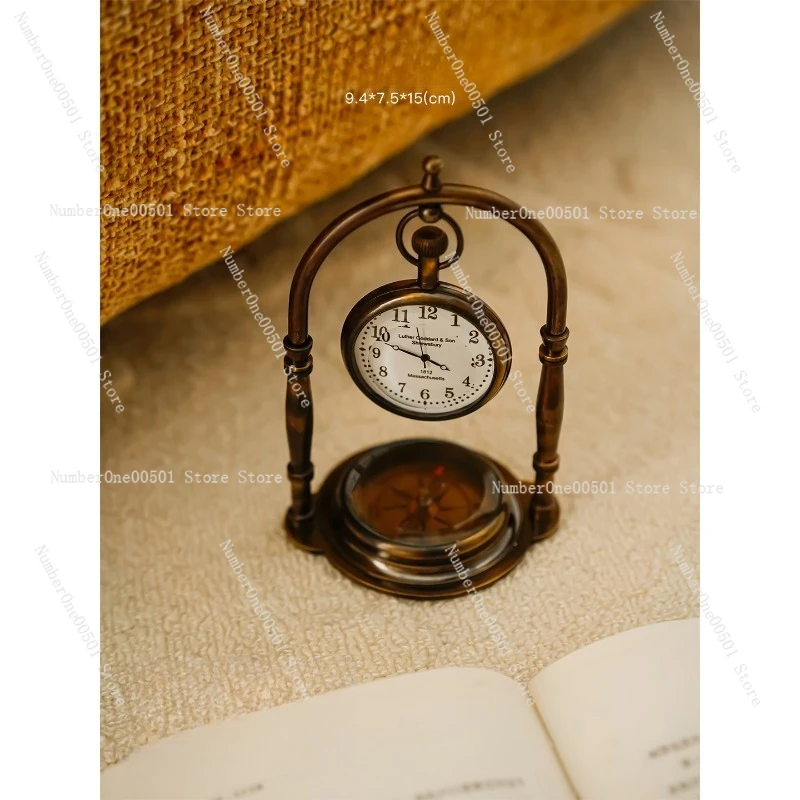 Imported Brass Mid - Century Style Compass Desk Clock Home Decoration for Living Room and Entryway