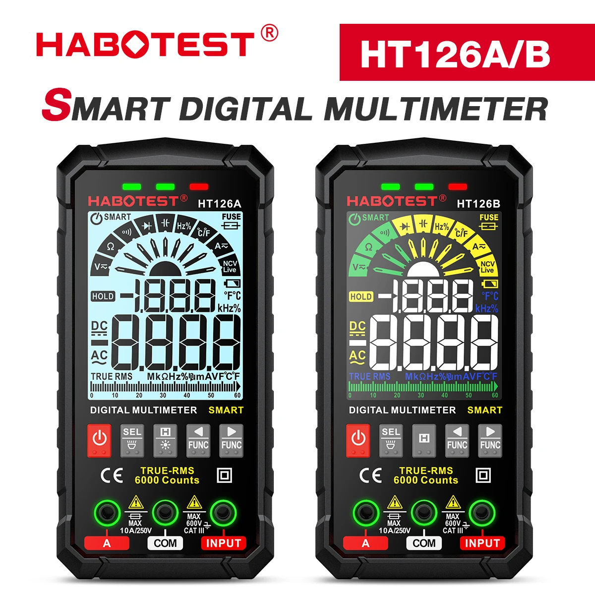 HABOTEST HT126 600V Digital Multimeter Auto Range DMM Voltmeter True RMS AC DC NCV Voltage Meter 6000 Counts Smart Multitester